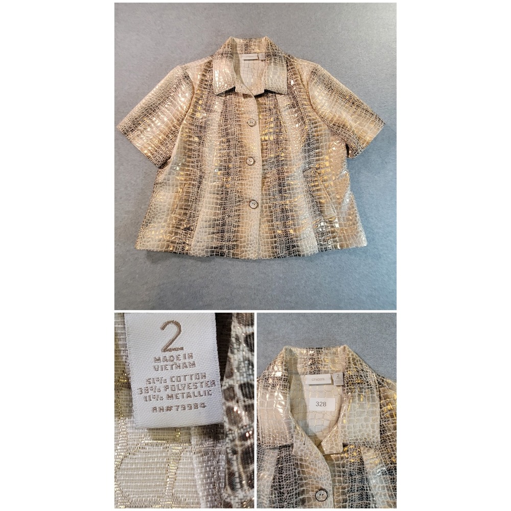 Chico's Metallic Gold Crocodile Print Button Front Shirt Short Sleeve Size 2 L